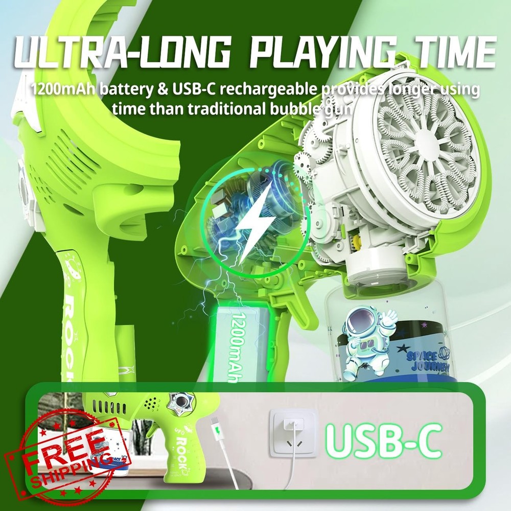 Big Bubble Gun Machine USB-C Rechargeable Large Bubbles LED Light 3+