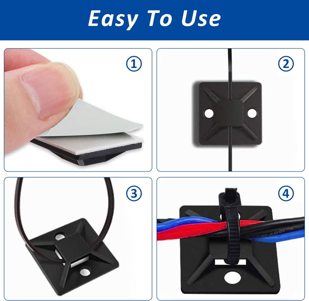 Strong Back-Glue Self Adhesive Cable Zip Tie Mounts Kit - 100 Set Cable Manag...