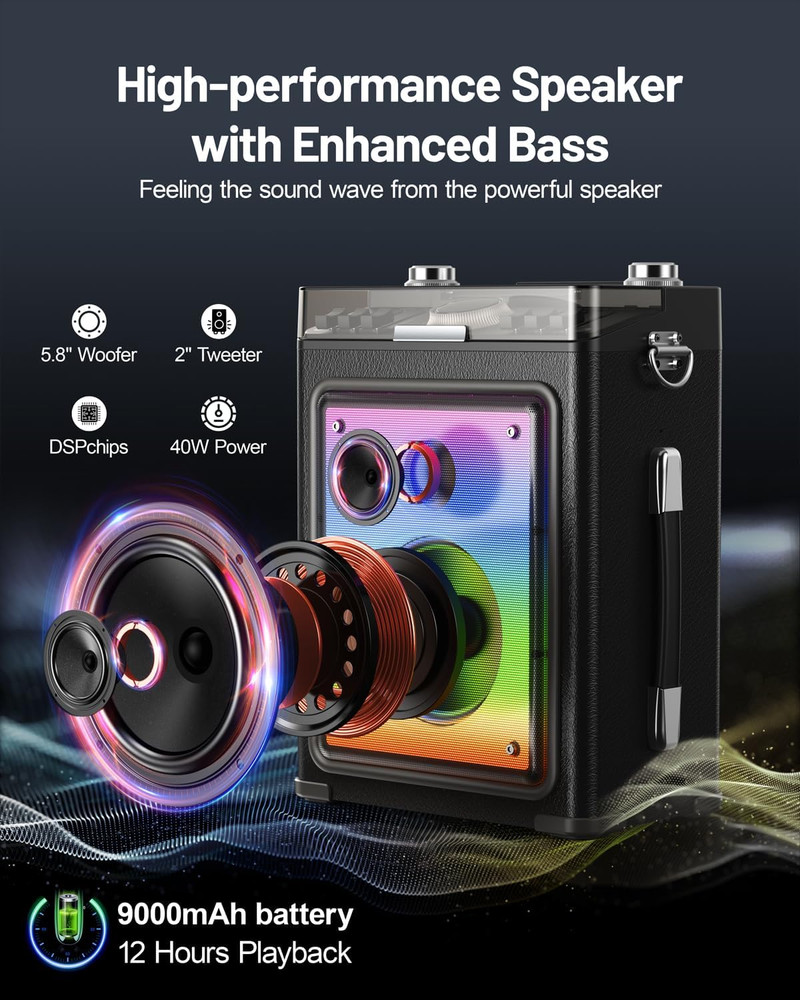 Karaoke Machine, Powerful Bluetooth Speaker with Two Wireless Microphones, Porta