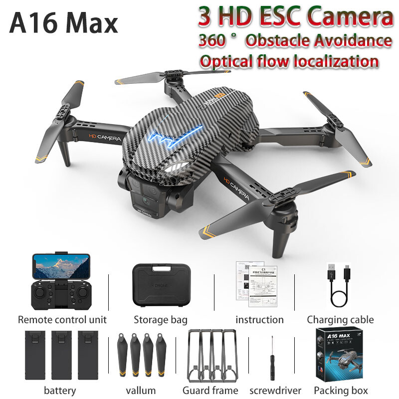 A16 MAX 2.4G RC Drone WIFI FPV 4K HD 3 Camera 360° Obstacle Avoidance Quadcopter