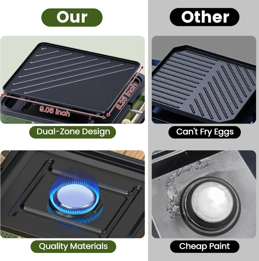 Versatile 2-Burner Foldable Camping Stove with Dual Griddle – Compact & Portable