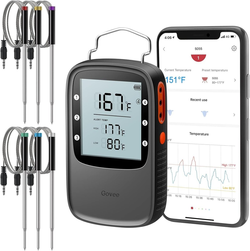 Wireless Meat Thermometer with 6 Probes and Smart LCD Backlight - Precision C...