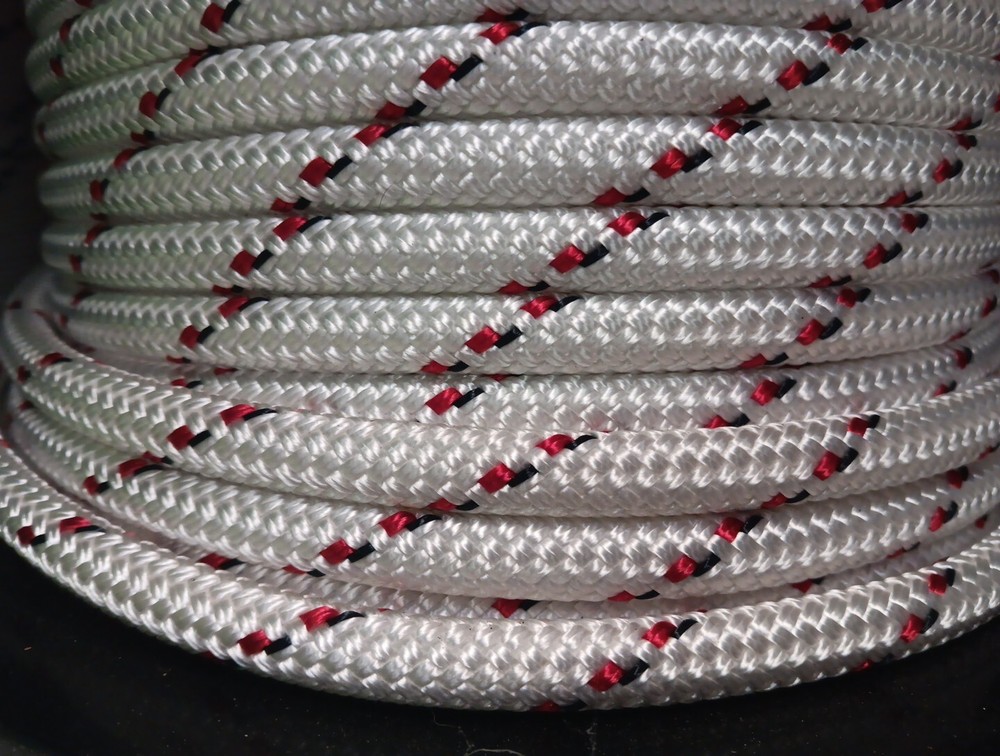 3/8 " x 100 ft. Double Braid-Yacht Braid Polyester Rope Hank.White/Red/ Black