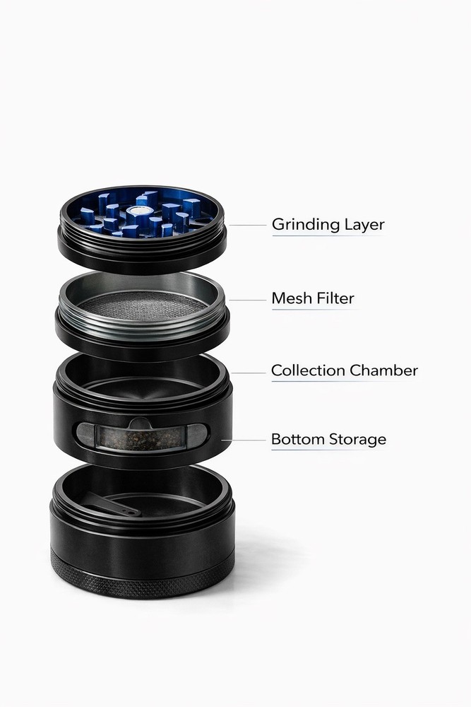 Manual Kitchen Spice Grinder 4 Layer Blue Metal Crusher with Mesh Filter Tool