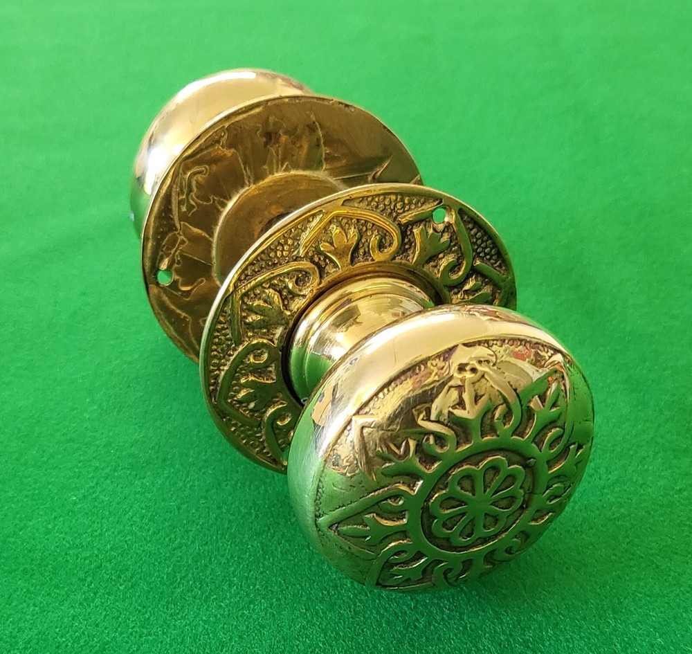 Pair round cast solid brass door knobs backplates pull handles ironmongery craft