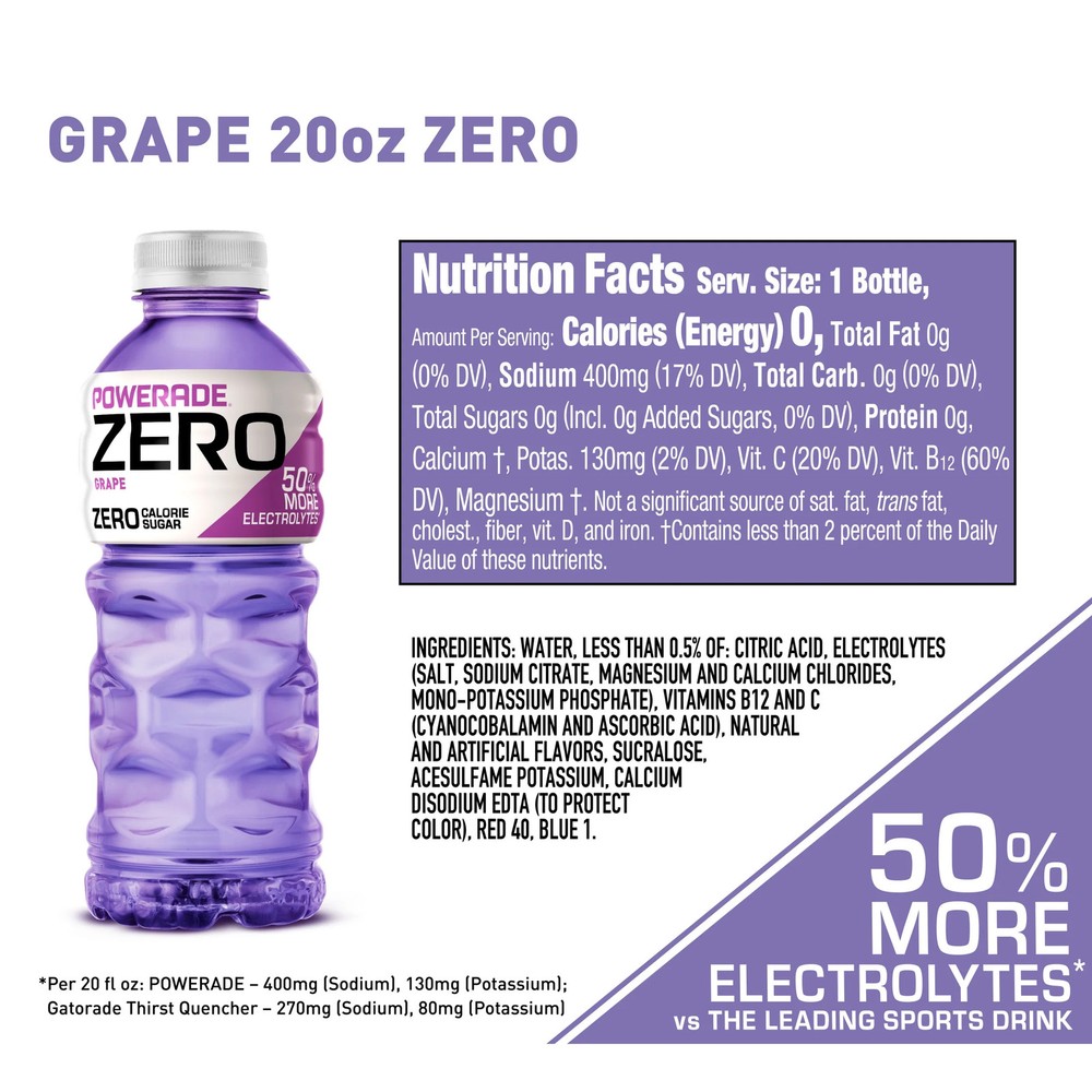 POWERADE Zero Grape Electrolyte Drink 20 oz 8 Pack