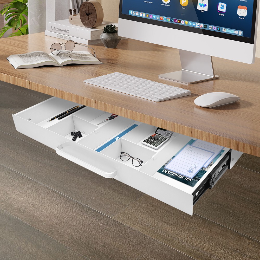 White 21.5" Under Desk Mounted Sliding Pull-out Drawer For Standing Desks
