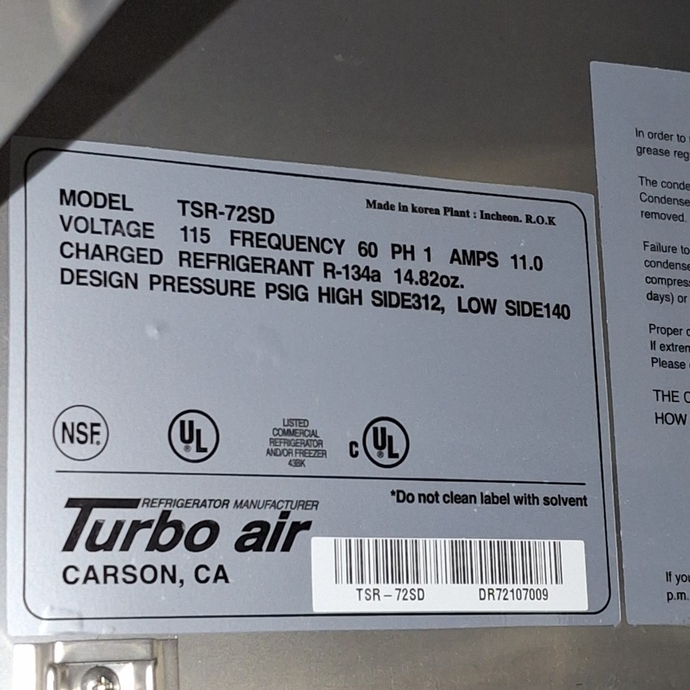 Turbo Air, Inc. TSR-72SD 3-Section Refrigerator
