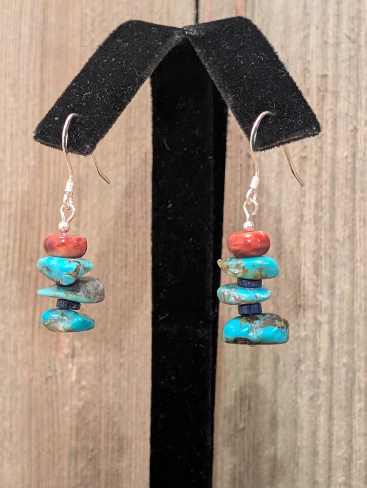 Kingman Turquoise, Lapis, & Red Spiny Oyster Dangle Earrings