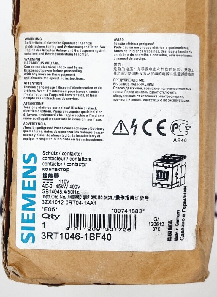 SIEMENS 3RT1046-1BF40 Contactor