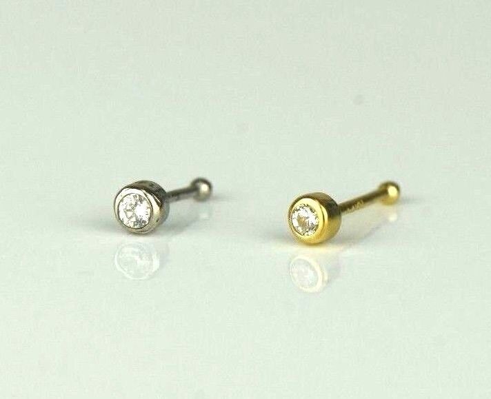 14k Yellow White Gold CZ Round Bezel Nose Piercing Stud