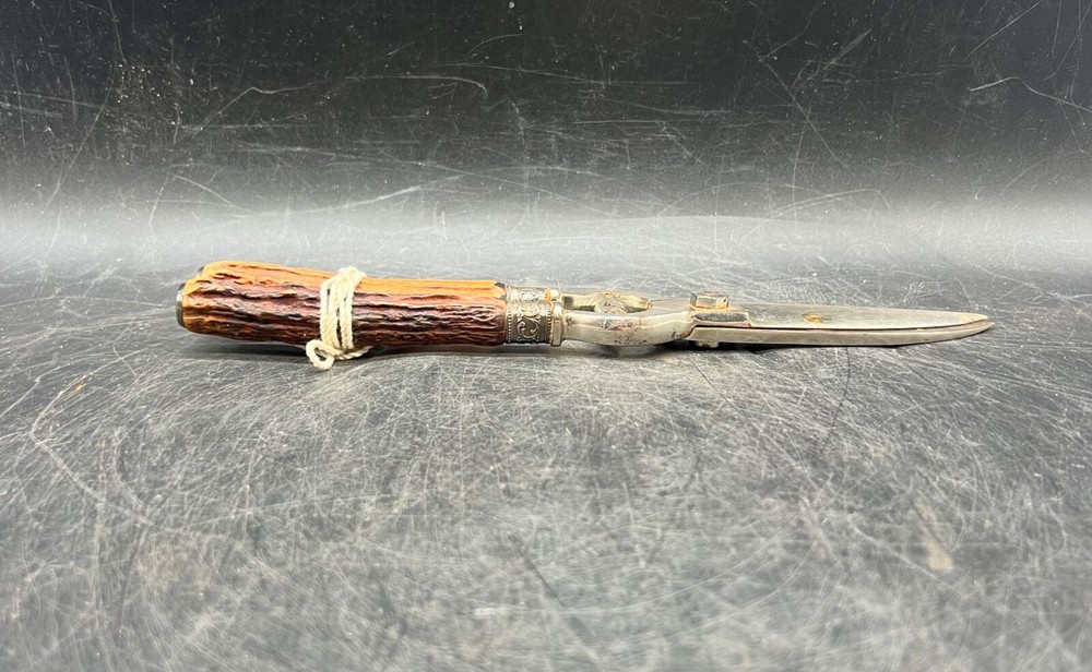 Vintage Bone Handled Carving Pruning Scissors Shears Antler Sterling Silver Tool
