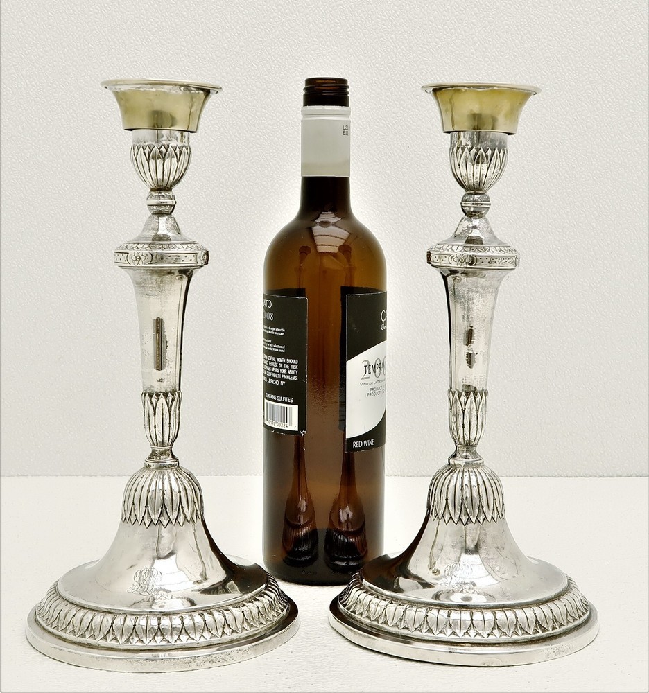 Set 2 Marked Genoa Italy Solid Silver Neo-Classical Candle Sticks c 1790 crest