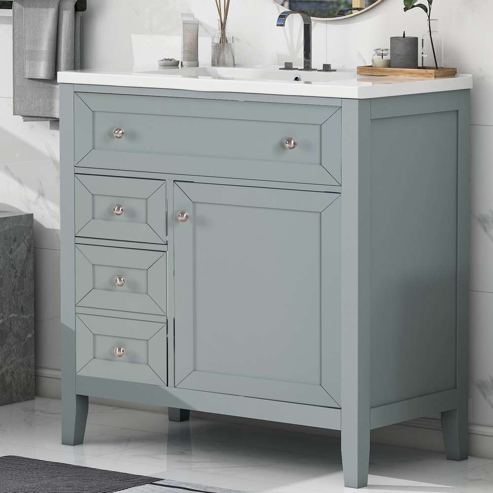 Bathroom Vanity with Ceramic Sink，Modern Solid Wood Storage Cabinet and Drawers