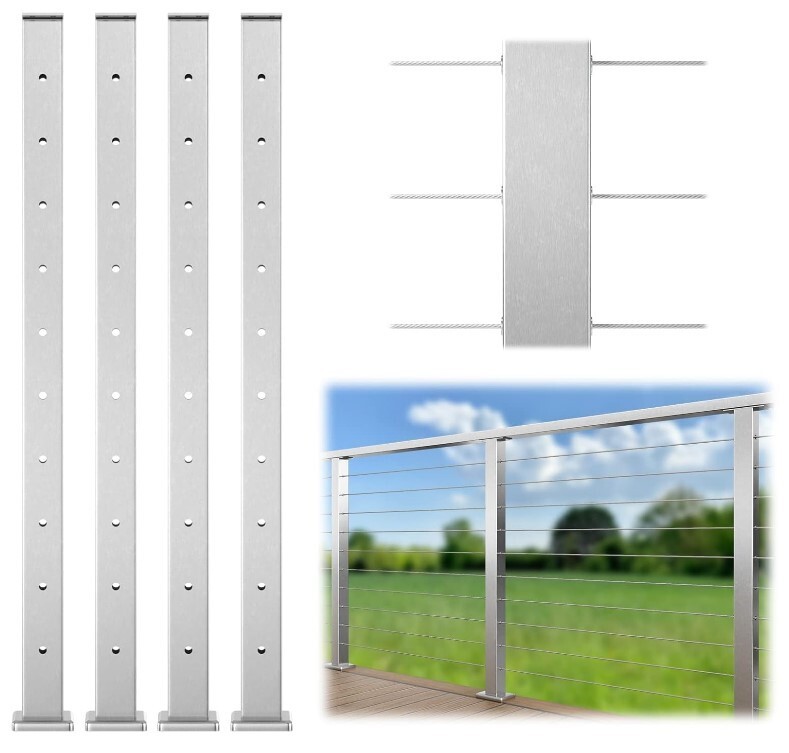 4 Pack Cable Railing Post 36"x2"x2" Level Drilled Surface Mount Brushed T304 SS