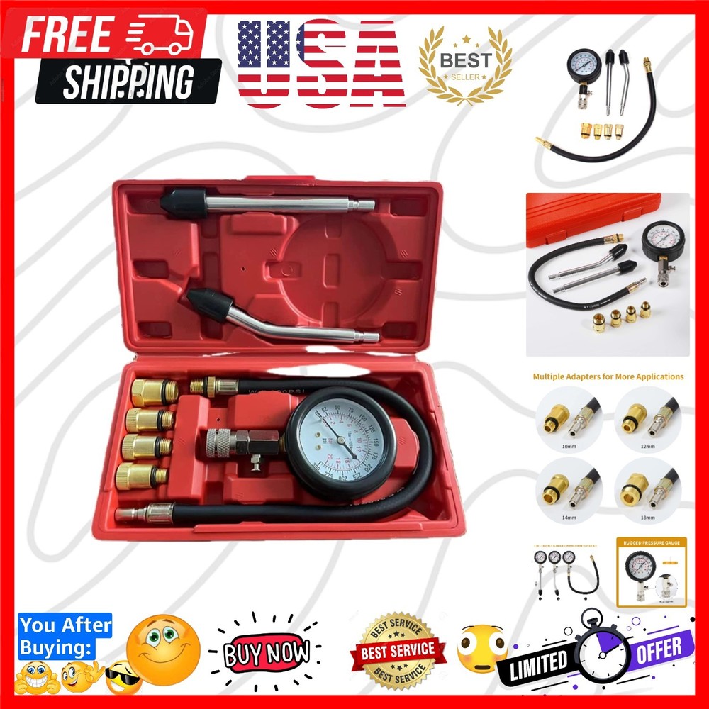 8PCS Compression Tester, Engine Compression Tester kit Professional Petrol Ga...