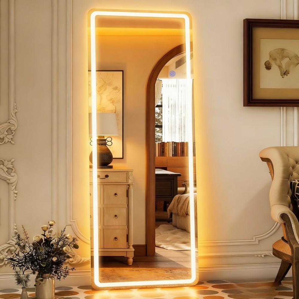 71"x26"Rectangle Mirror Full Length LED Light Free Standing Floor Mirror Full Bo