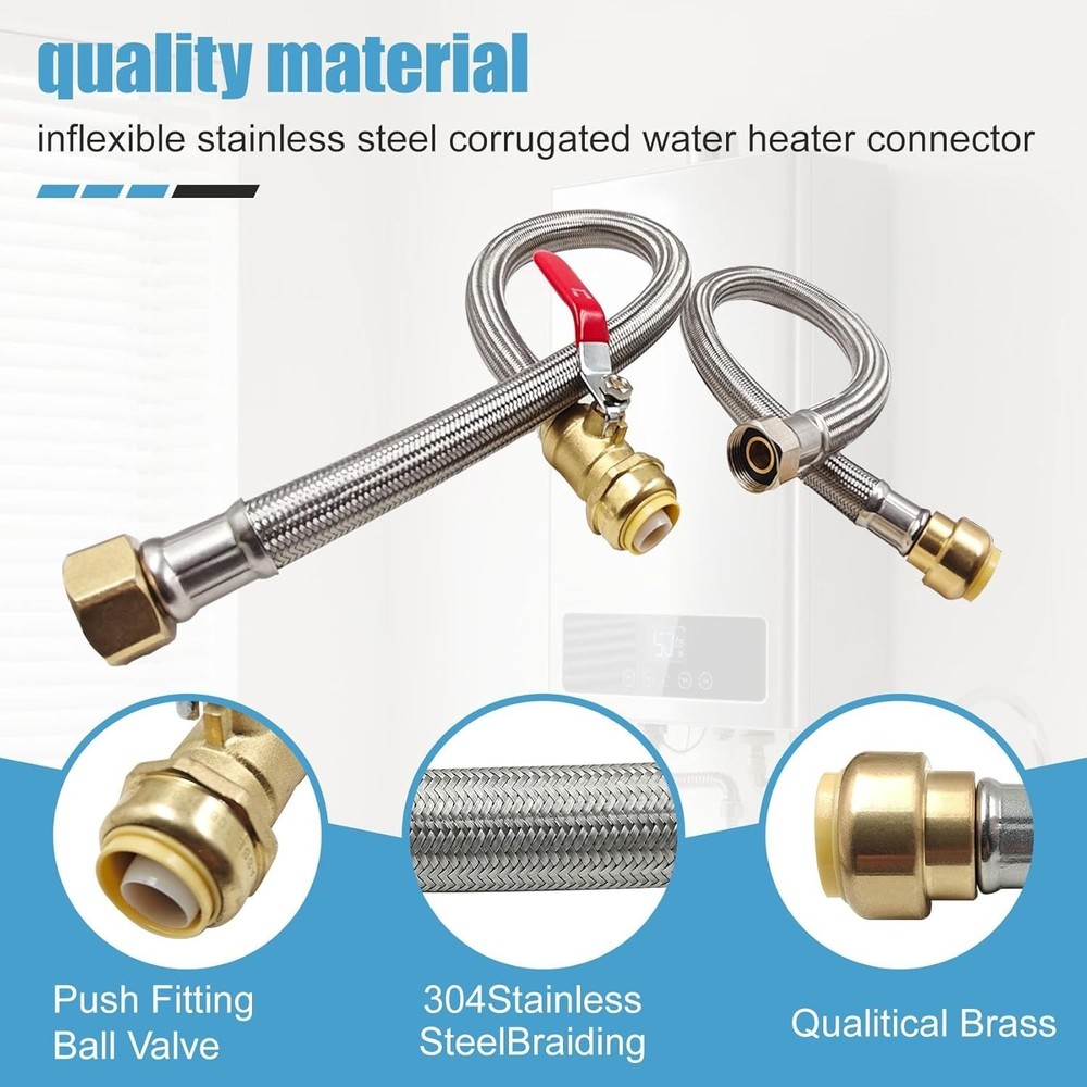 3/4" Ball Valve x 3/4" FIP x 24" Water Heater Hose Connector Stainless Steel