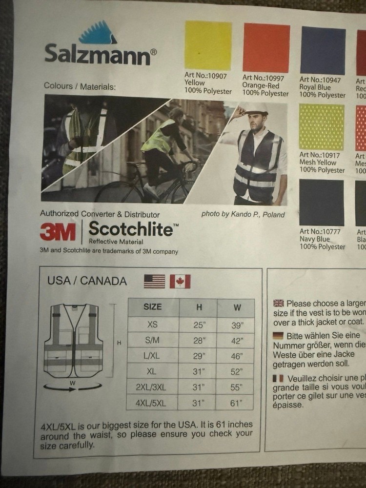 New Salzmann Black-3M Reflective Vest Size Small/Medium
