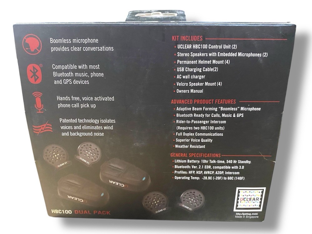 UClear Powersports Helmet Bluetooth Communications HBC100 Boomless Dual Pack