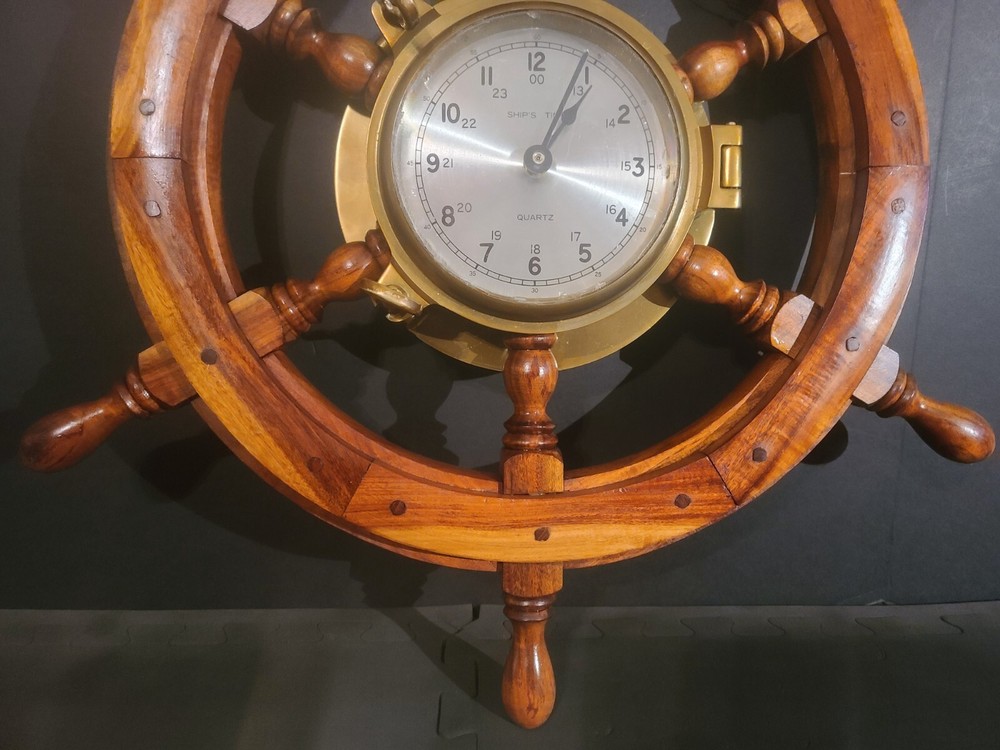 Wood Ships Wheel With Solid Brass Porthole Ships Time Quartz Clock, 24" Diameter