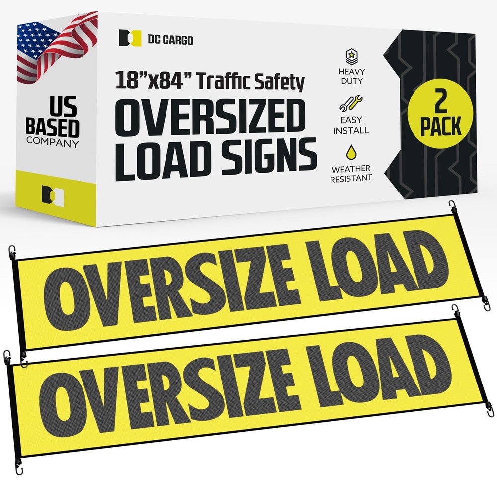 DC Cargo Oversize Load Sign Black Border & Bungee Oversized Load Banner, 2-pack