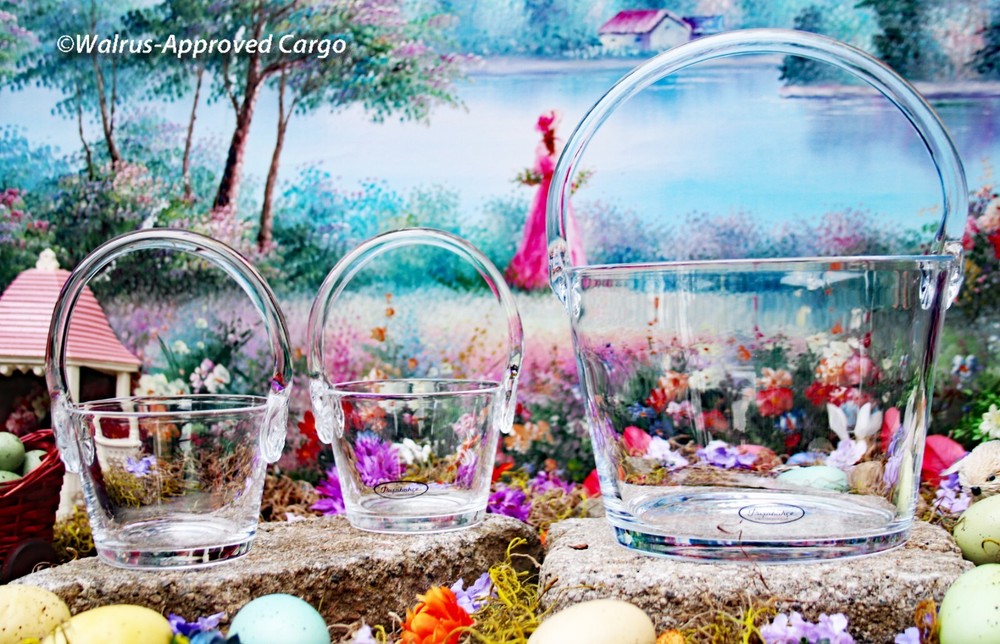 CRATE & BARREL GLASS EASTER BASKETS (3) -NEW- CLEARLY, A GOOD SPRINGTIME CHOICE!