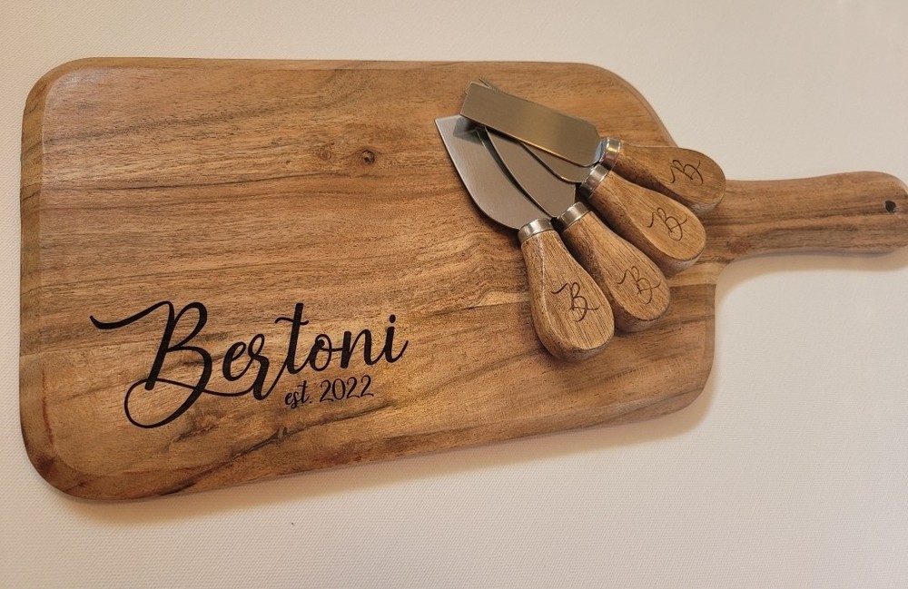 Personalized Engraved Acacia Wood Cutting Board & Cheese Knives 5 Set