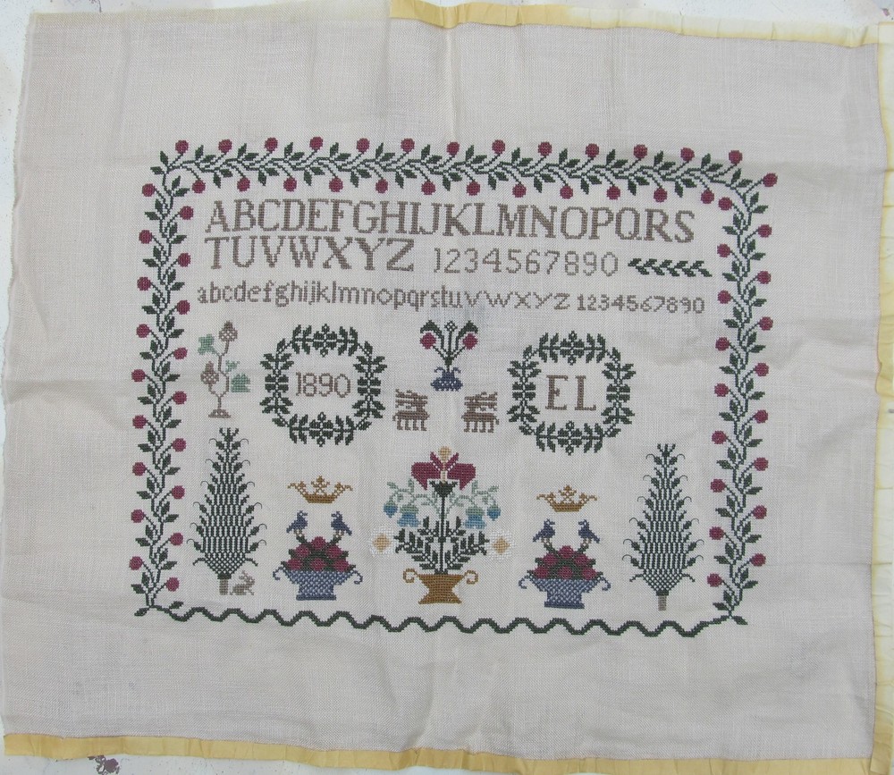 Finished Cross Stitch Sampler Linen Eileen Bennett Designer