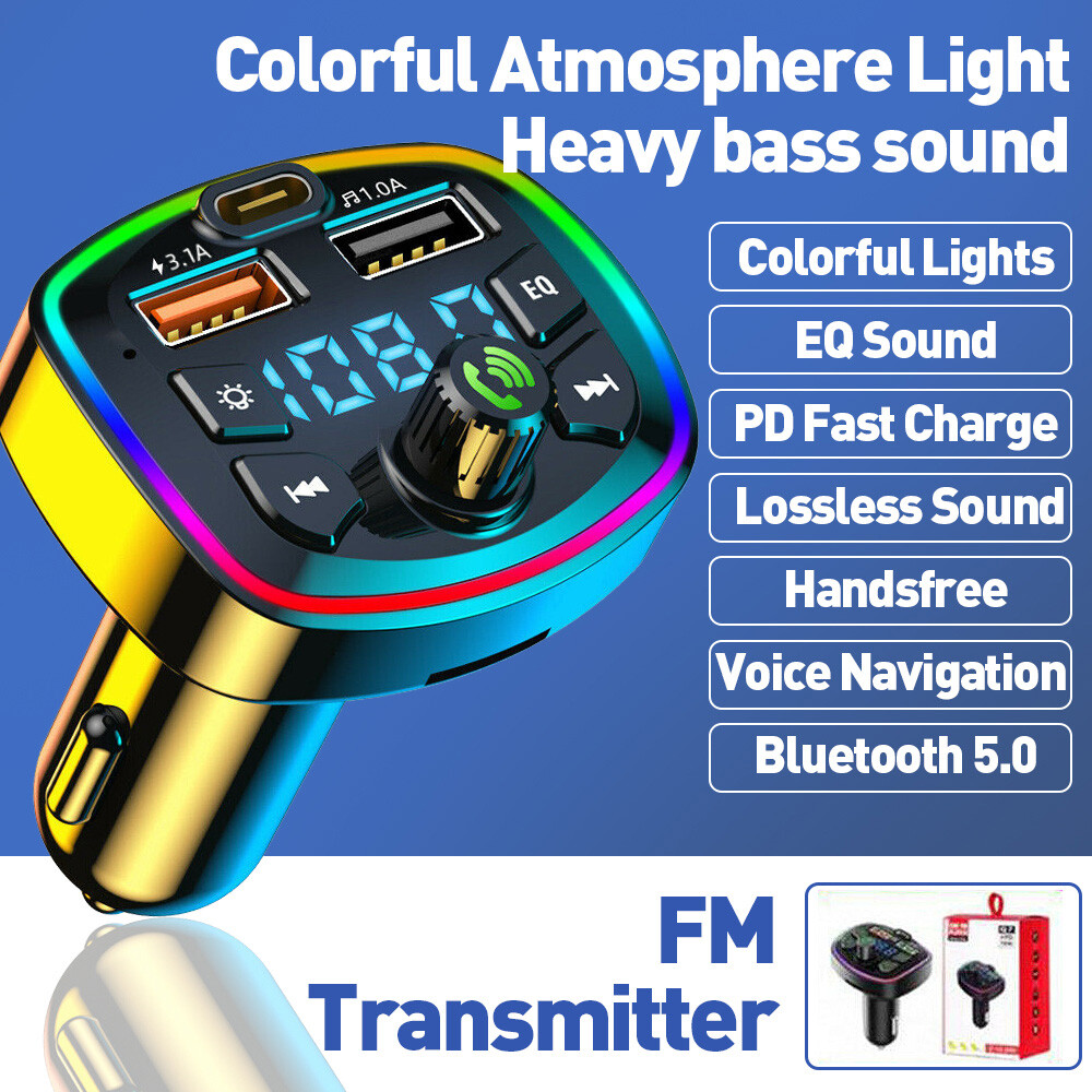 Bluetooth 5.0 Car Wireless FM Transmitter Adapter 2USB PD Charger MP3 Hands-Free