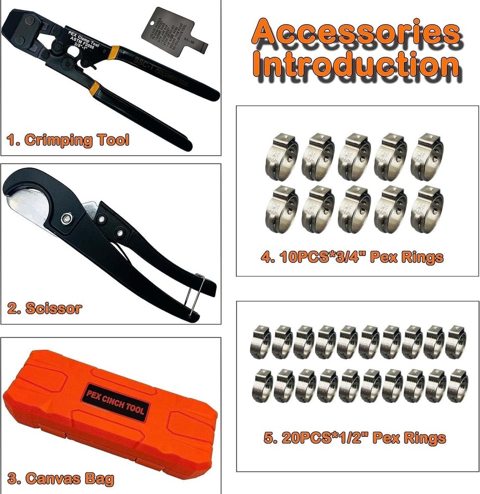 Durable Crimping Tool for PEX Pipe Clamps - Includes Pipe Cutter & Accessories