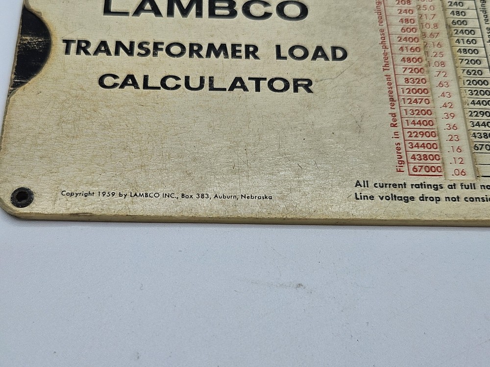 1959 Lambco Transformer Load Data Guide Calculator Slide Rule