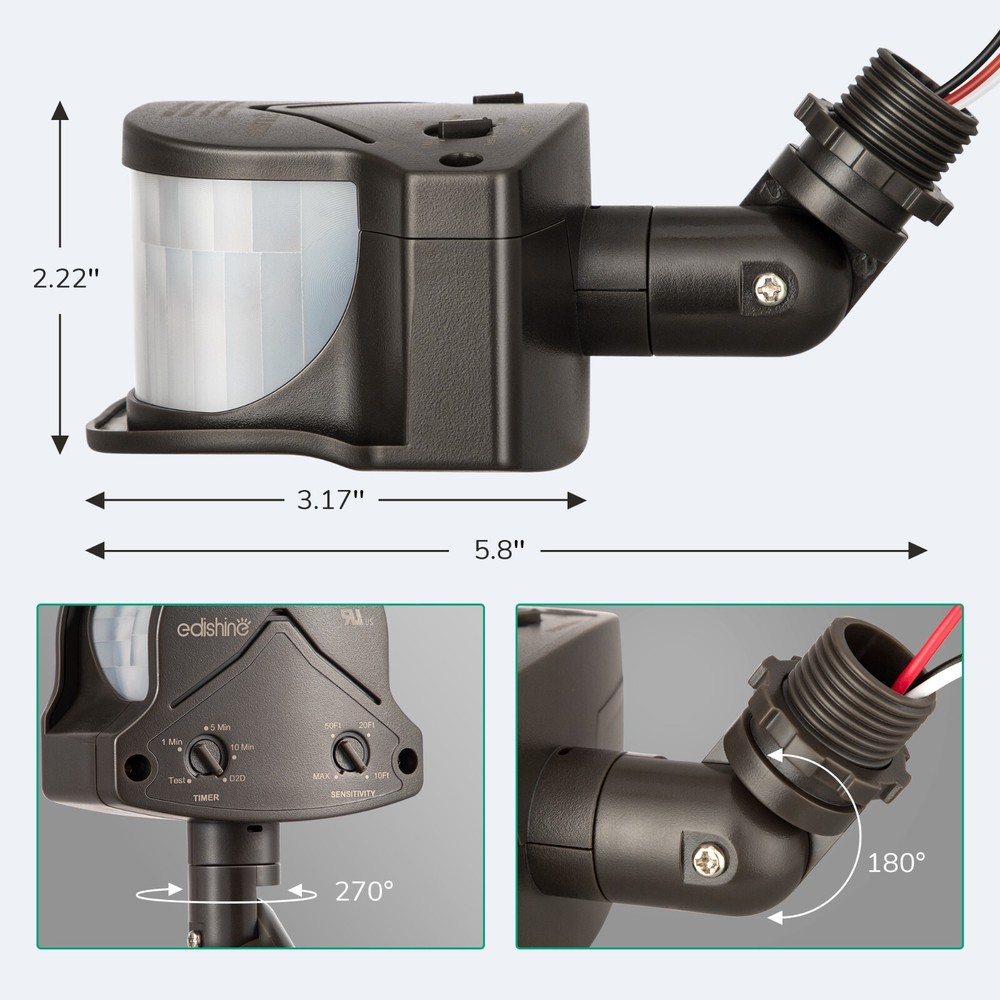EDISHINE Motion Sensor, Automatic Dusk to Dawn,Motion PIR Sensor, Adjustable