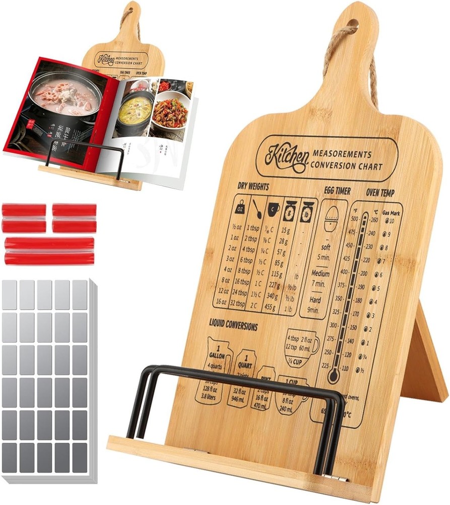 Rustic Wooden Cookbook Stand with Measurement Chart - Space-Saving & Adjustable