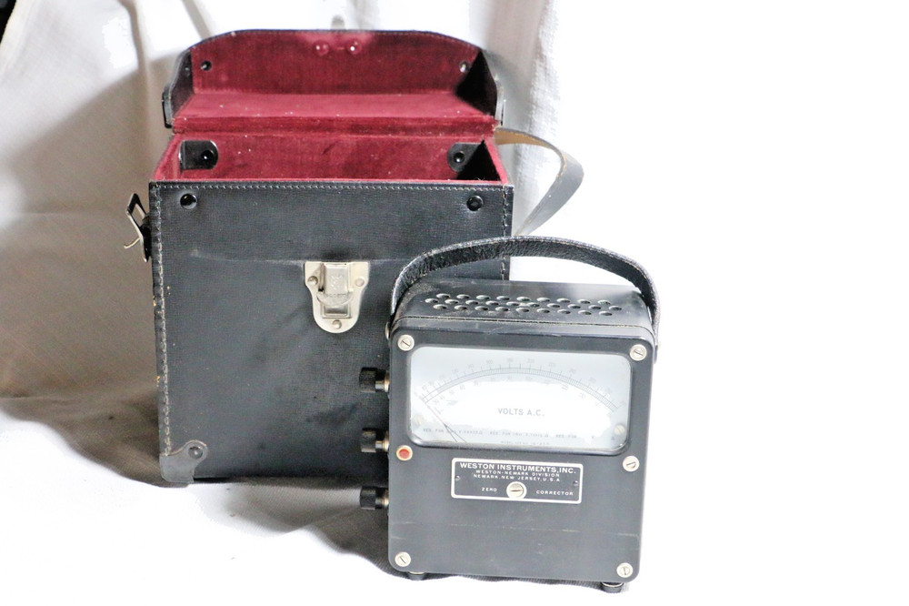 Vintage Weston Instruments A.C. Voltmeter w/ bakelite case & leather handle