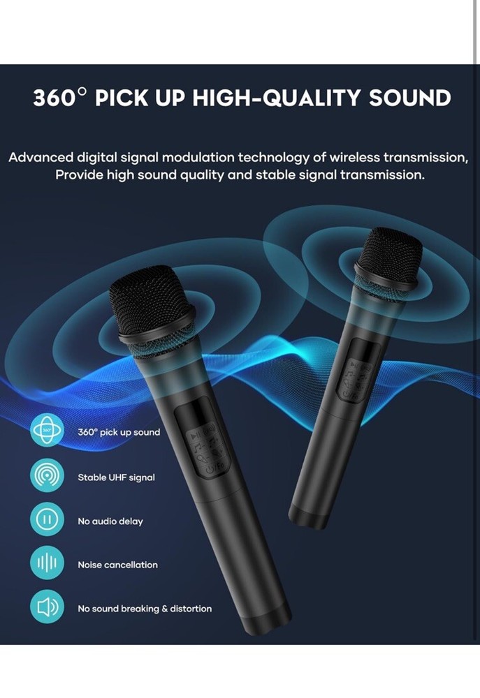 Portable Bluetooth Karaoke Machine with LED Lights & 2 UHF Wireless Microphones