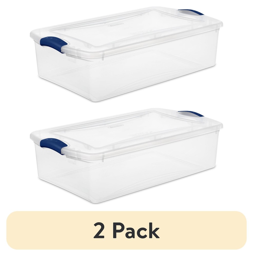 (2 pack) Sterilite Storage Bin, 32 Quart Clear Underbed Storage Container , Blue
