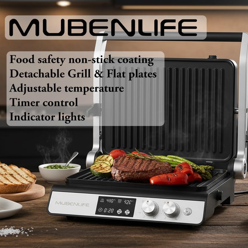 Panini Press 4 Slice Contact Grill Digital Timer Removable Plates 180Open Silver