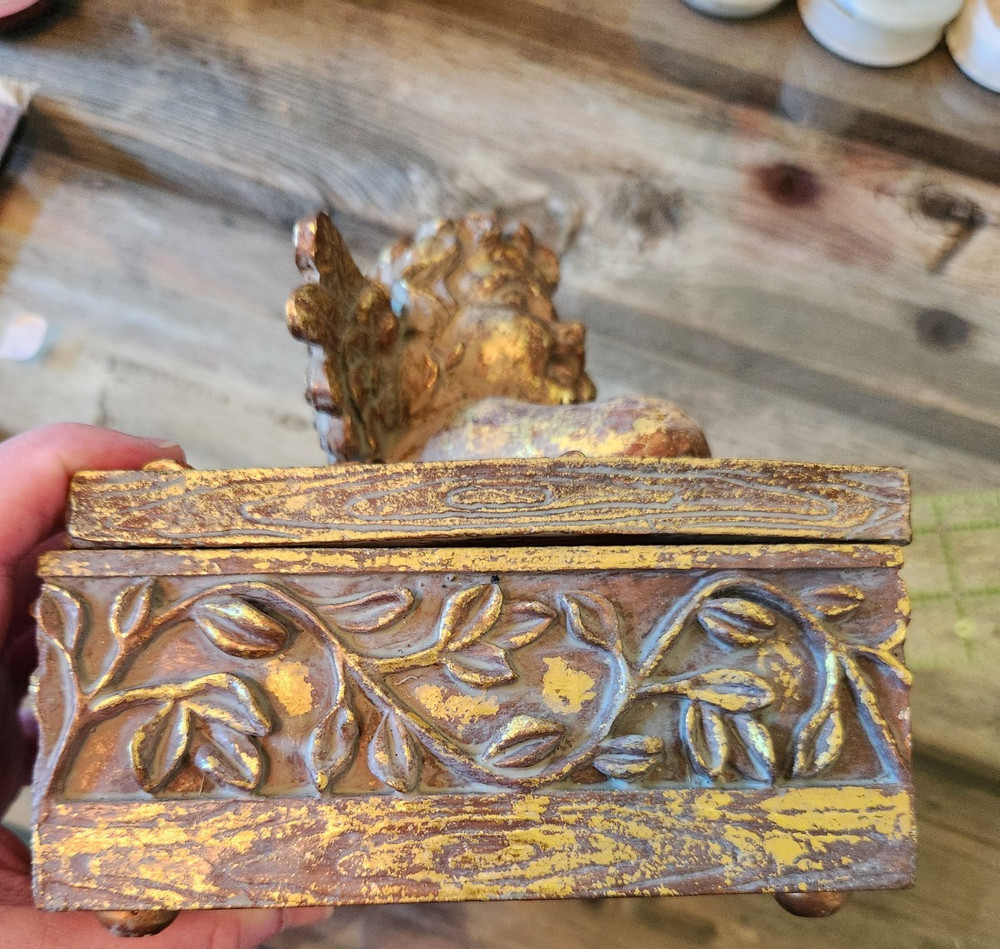 Cherub Design Storage Box "Antique" Look 6" X 6" Inside Lined 2 Pc. Gold