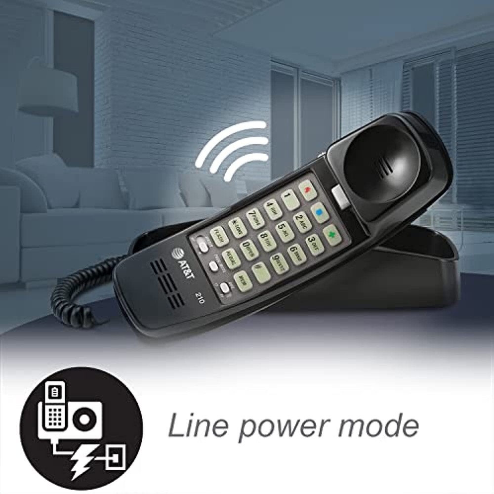 AT&T 210 Basic Trimline Corded Phone, No AC Power Required Wall-Mountable Black
