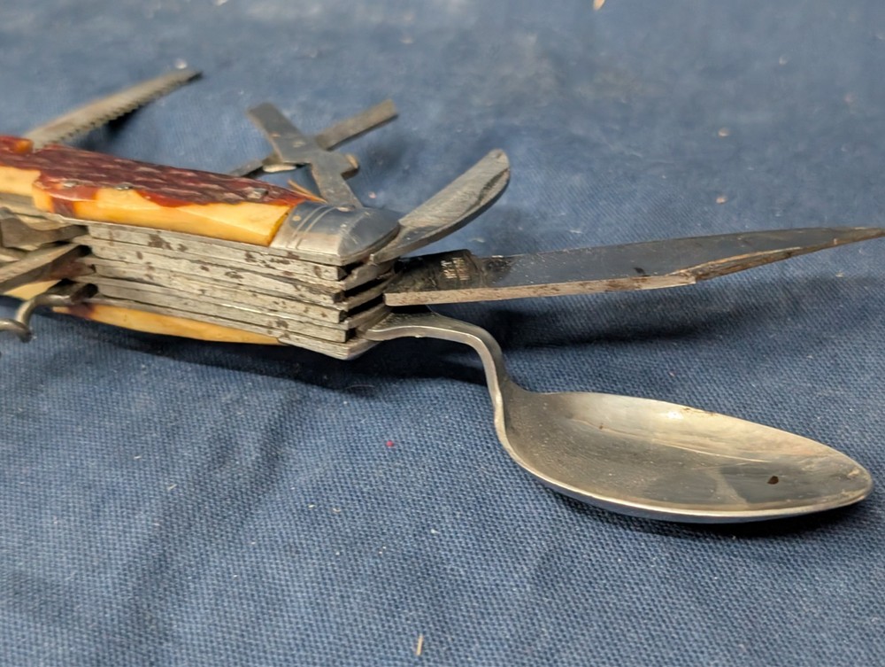 VINTAGE BONE/STAG HANDLE 11 TOOL CAMPING / FOLDING SURVIVAL TOOL, Made in JAPAN