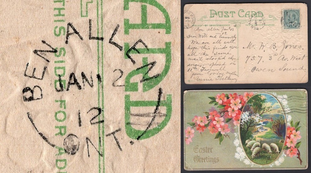CANADA Ben Allen Ontario GRY 1912 Split Ring on Postcard; UN-REPORTED