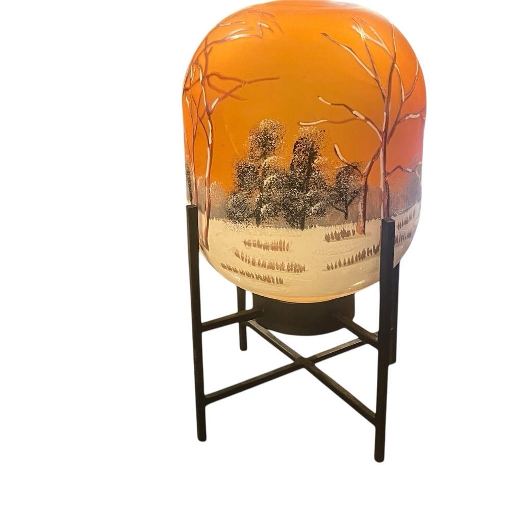 Battery Operate Lighted Glass FALL SCENE Lantern On Metal Stand