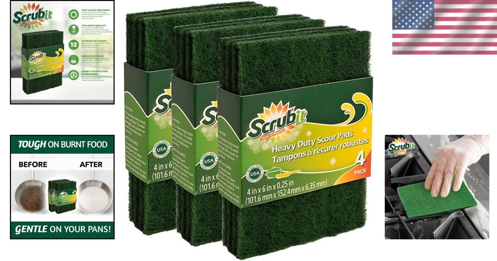 12 Pack Green Scouring Pads - Heavy Duty Non-Scratch Cleaning Solution