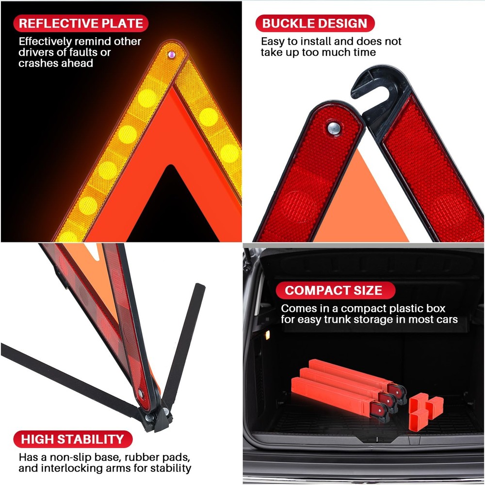 MAOPINER 3 Pack Emergency Warning Triangles, Roadside Safety Triangle Red