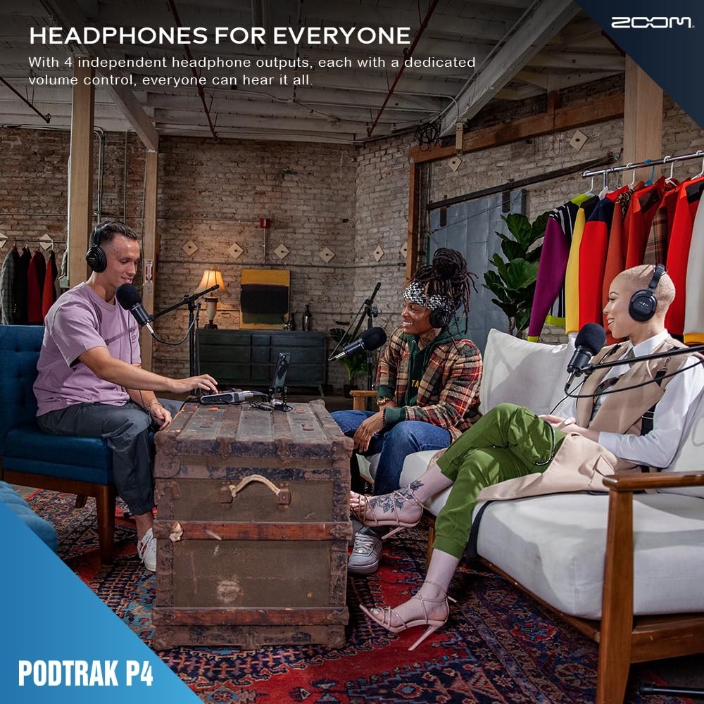 Zoom PodTrak P4 Portable Multitrack Podcast Recorder, Audio Interface w/ 4 Mi...