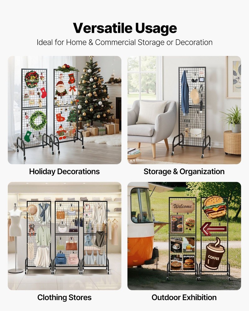 Mobile Gridwall Display Rack: Carbon Steel, 35lb Capacity, 3-Pack, Black