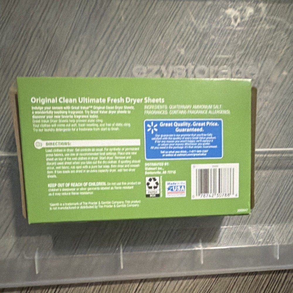 Great Value Dryer Sheets Ultimate Fresh 34 Sheets Great Scent Static Control