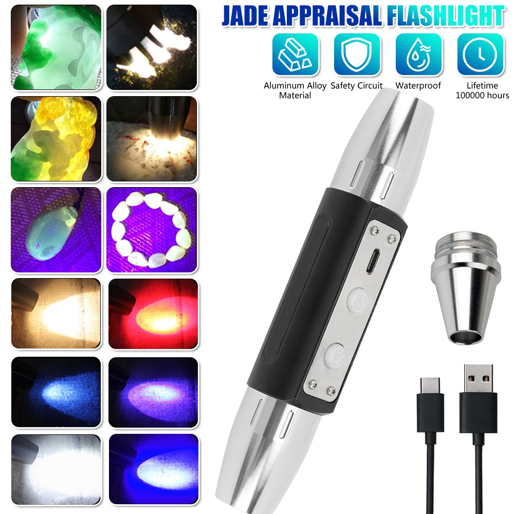 White Yellow BLUE UV Light Work LED Flashlight Torch Gemologist Tool USB Chargin