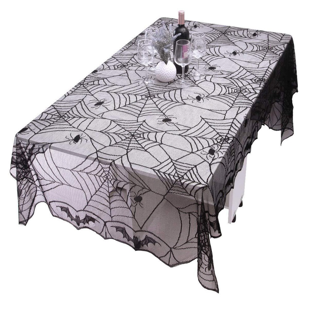 Rectangular Polyester Lace Tablecloth Black Spider Web Table Topper for Hallo...